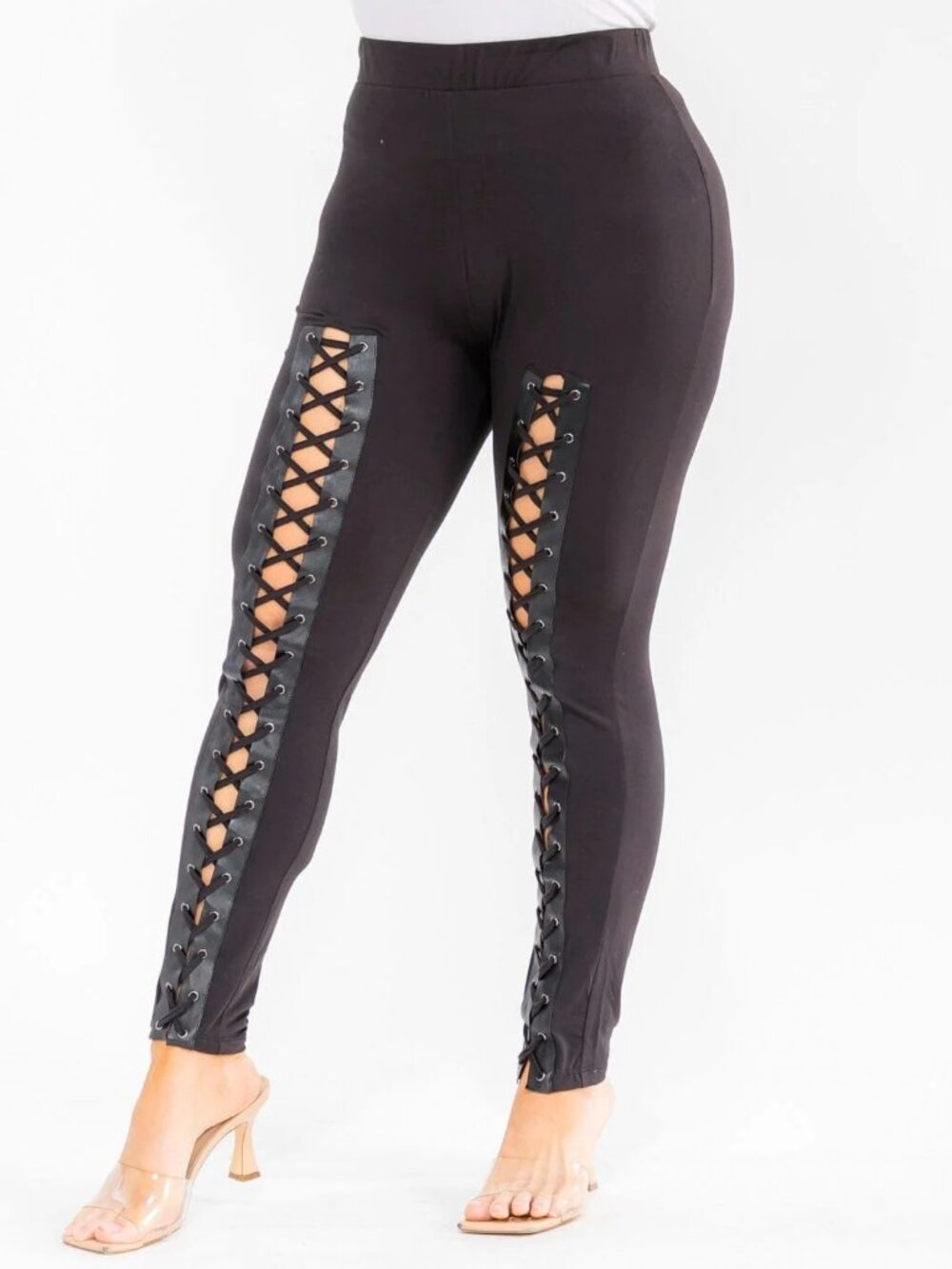 Leggings 1XL Black Corset Lace Up Skinny Leg High Waist Pants Gothic Streetwear
